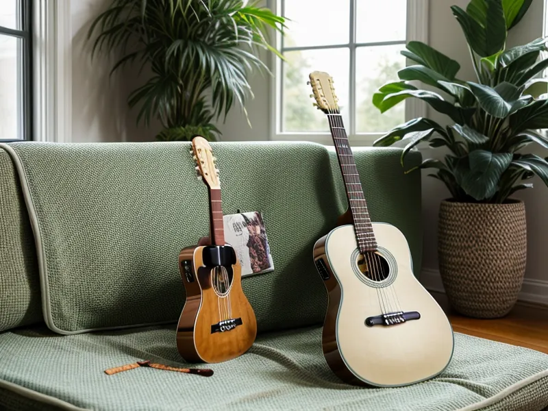 Gitarrenkurs-Test für Erwachsene: AndiT Gitarre im Selbstversuch neben Notizen und Akustikgitarre auf dem Küchentisch