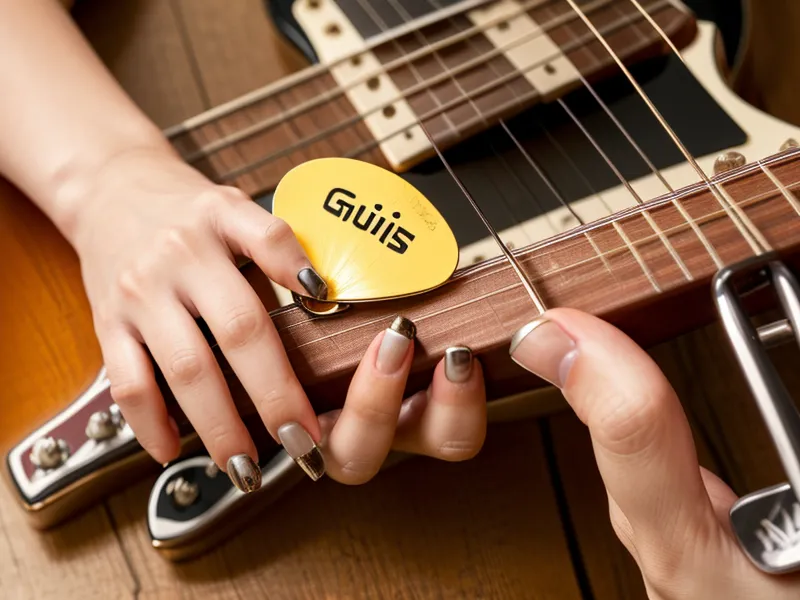 Nahaufnahme von Händen an einer E-Gitarre beim Üben für mehr Fingerfertigkeit, Zubehör zur Saitenpflege im Hintergrund.