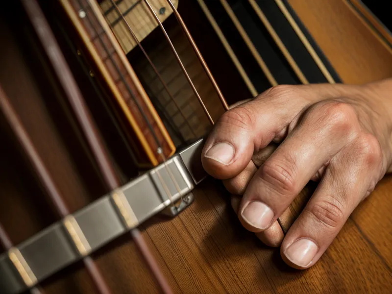 Anfänger-Hand kämpft mit dem breiten Hals einer Akustikgitarre beim Greifen eines Akkords