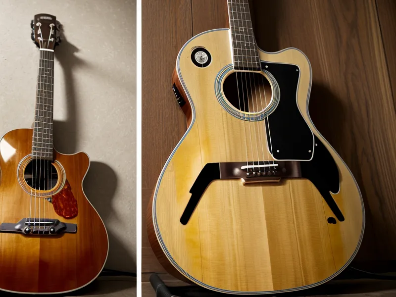 E-Gitarre vs Akustikgitarre im Korpusvergleich: schmaler E-Gitarren-Body neben tiefem Akustik-Korpus