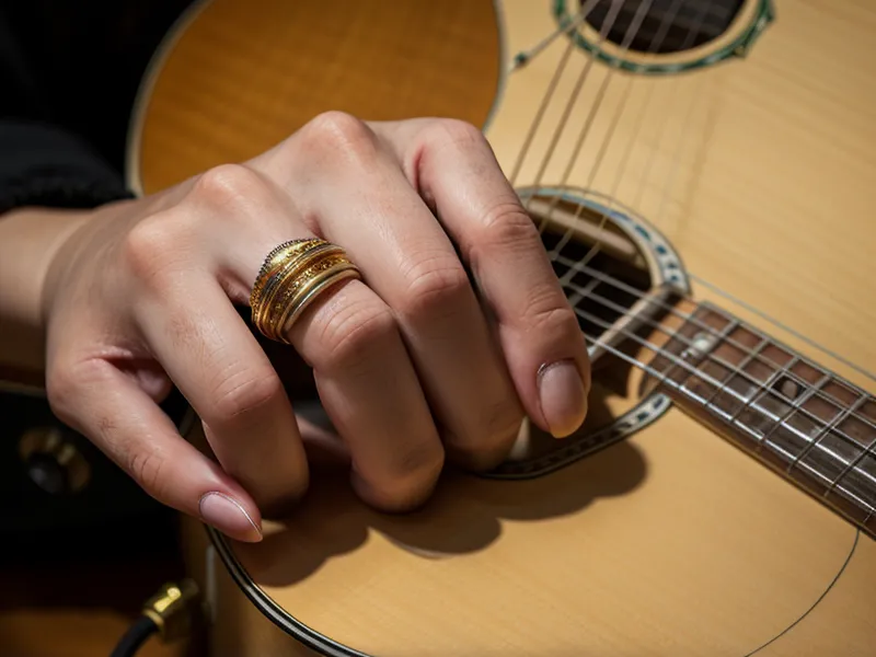 E-Gitarre-Verstärker einstellen: Hand dreht am Regler für sauberen Sound, Instrumentenkabel eingesteckt