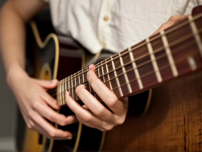 Fingerübungen Gitarre Anfänger: Nahaufnahme der Spinnen-Übung mit vier Fingern auf dem Griffbrett