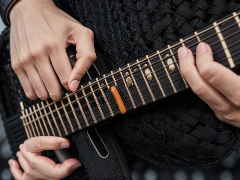 Hand verstellt die Schnalle des Gitarrengurts zur Längenanpassung – Anfänger-Tipp beim Gitarre lernen im Stehen