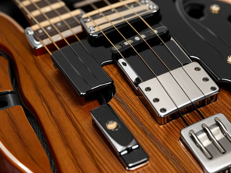 Nahaufnahme eines 6,35 mm Klinkensteckers beim Einstecken in eine E-Gitarre zum leisen Üben mit Kopfhörern