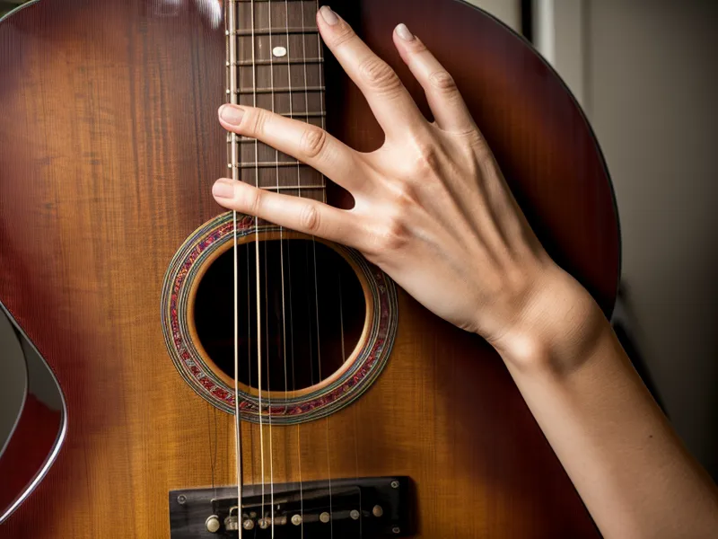 Nahaufnahme von Fingerkuppen auf Gitarrensaiten beim Üben der Anschlagskontrolle in der Mietwohnung