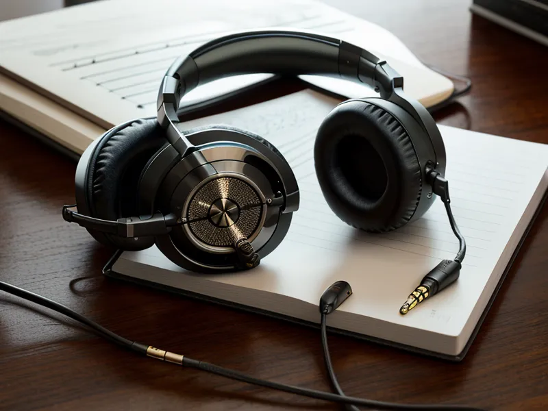 Kopfhörer und Plektrum neben einem Notizbuch mit Akkorden für die Online-Musikschule