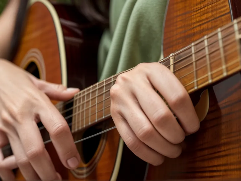 Nahaufnahme einer Hand beim Gitarre lernen, die sauber einen G-Dur-Akkord greift
