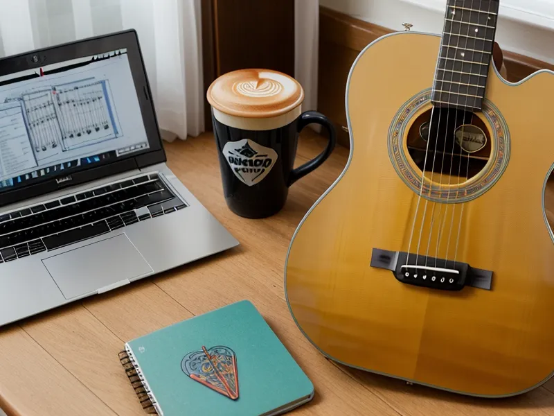 Online-Gitarrenkurs auf einem Laptop neben handgezeichneten Akkord-Diagrammen – Anfänger-Tipps aus meinem Gitarre-lernen-Selbstversuch