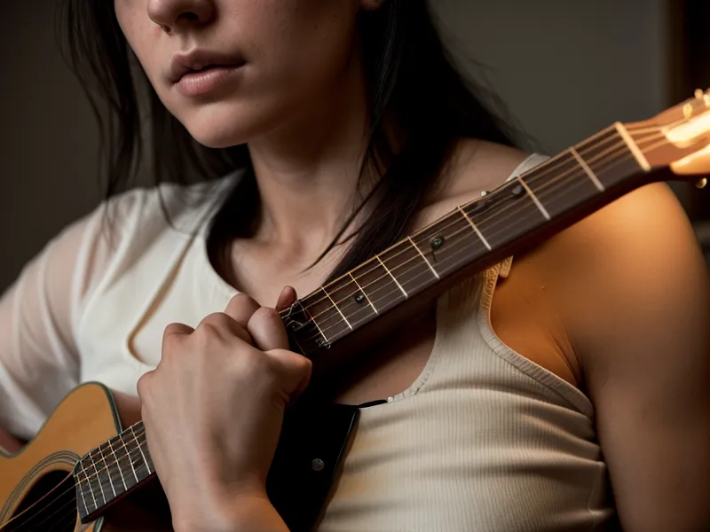 Kleine Hand mit kurzen Fingern greift mühsam einen Akkord auf breitem Gitarrenhals