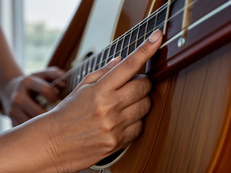 Finger auf den Gitarrensaiten während einer kurzen Übungseinheit im Alltag