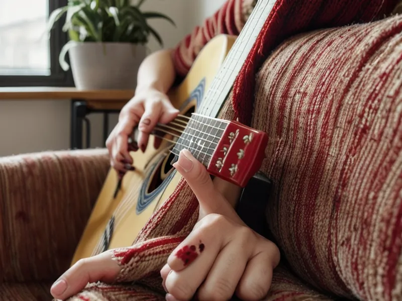 Nahaufnahme von Fingerkuppen mit roten Abdrücken von Gitarrensaiten beim Gitarre lernen in der Plateau-Phase