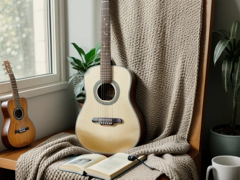 Gitarrengriffbrett mit Pflegemittel und Reinigungstuch auf einem Holztisch, Pflegeritual einer Gitarre-lernen-Anfängerin