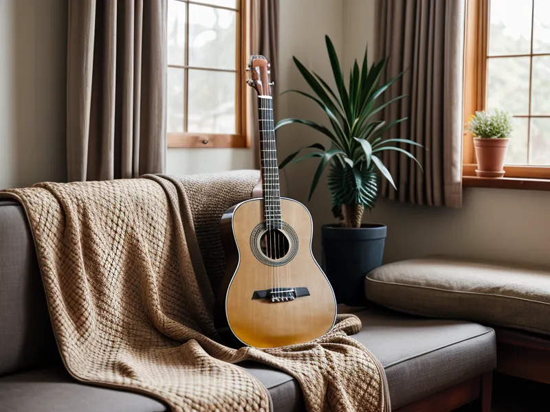 Laptop mit YouTube-Gitarrentutorial und kalt gewordenem Kaffee beim Gitarre lernen