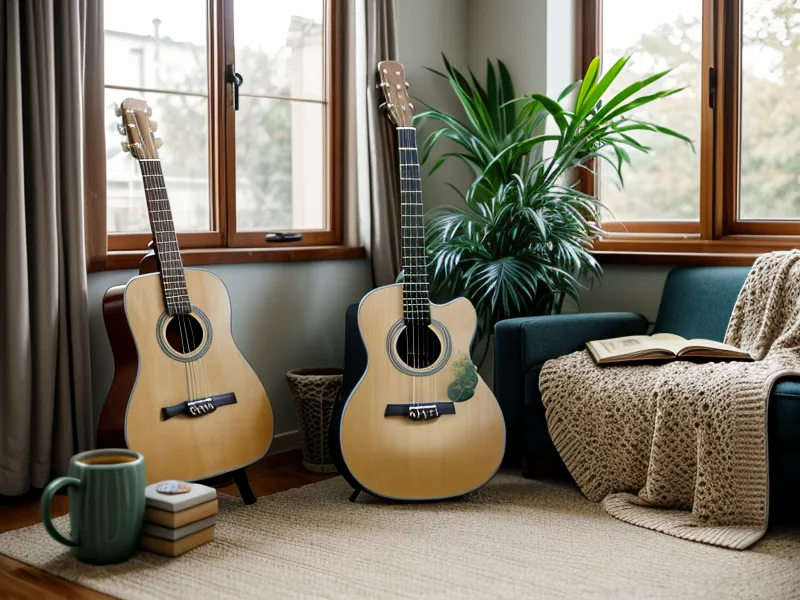 Akustikgitarre lehnt am regennassen Fenster nach einer Übungseinheit mit dem Norberg Gitarrenkurs