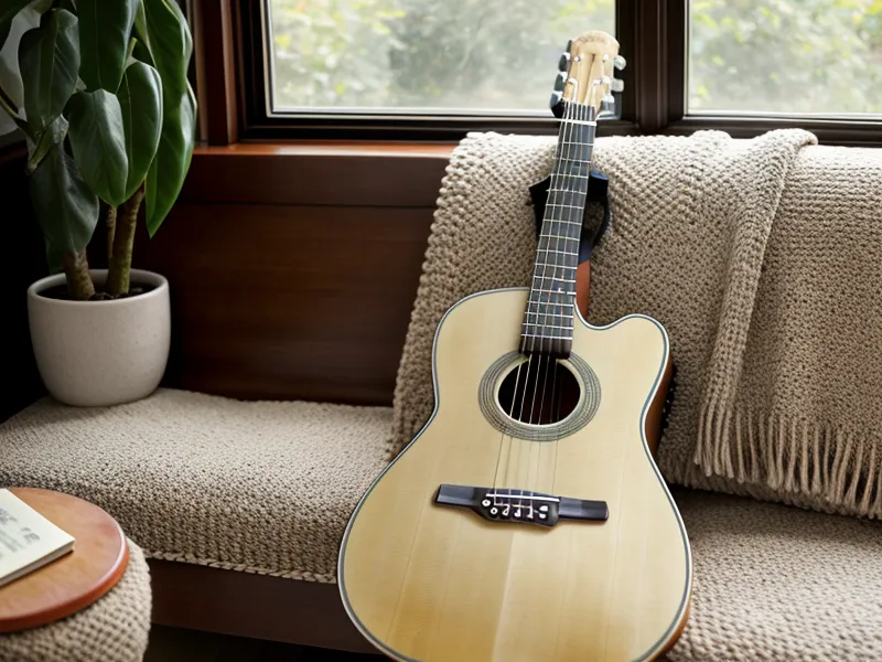Laptop mit Online-Gitarrenkurs neben angelehnter Gitarre – Struktur im norberg Gitarrenkurs Selbstversuch