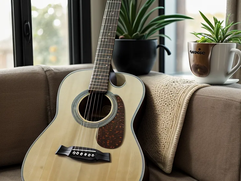 Gitarre und Stimmgerät auf dem Couchtisch – beim Gitarre lernen kommt die Gehörbildung erst nach dem Stimmen