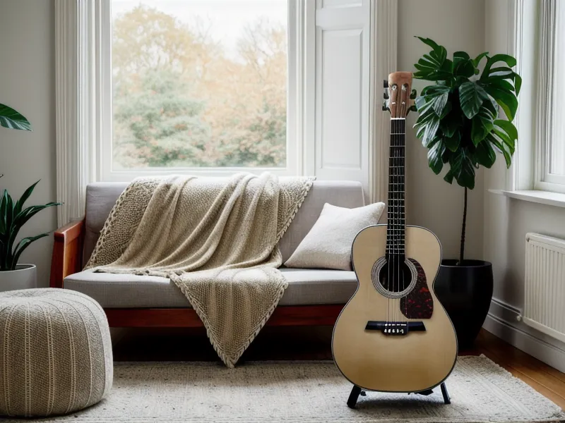Gitarre lernen und gleichzeitig singen: Frau übt mit Akustikgitarre auf dem Schoß im Wohnzimmer