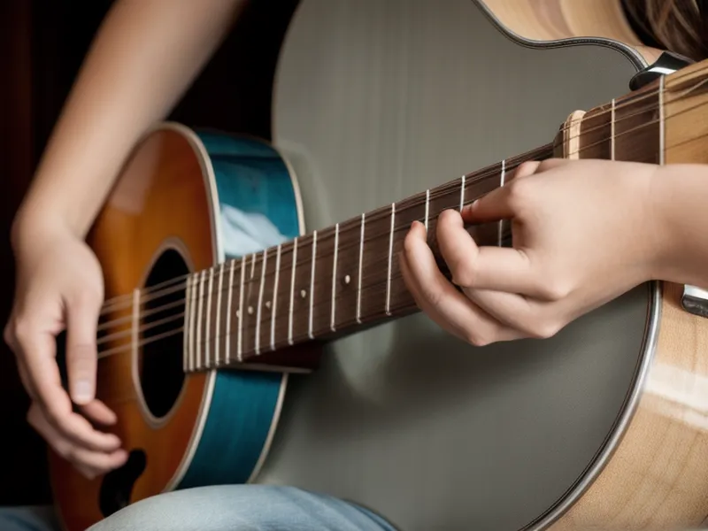 Nahaufnahme von Händen, die beim Gitarrensaiten wechseln eine neue Saite vorsichtig in die Mechanik einfädeln.