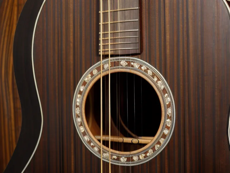 Detailansicht des Stegs einer Akustikgitarre mit frisch aufgezogenen Saiten nach dem Saiten wechseln als Anfänger.