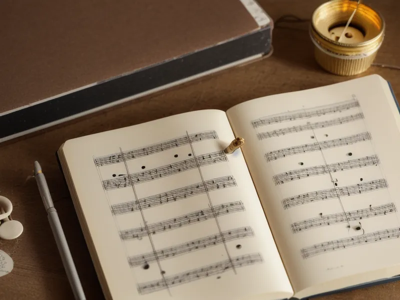 Ein Notizbuch mit Skizzen zum Saiten wechseln und ein Plektrum auf dem Tisch, Selbstversuch beim Gitarre lernen.