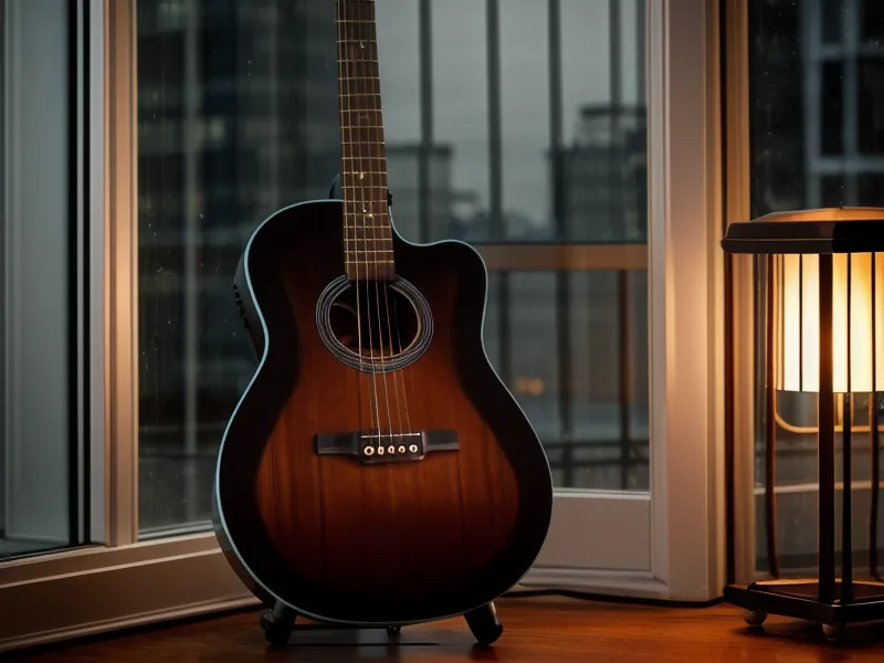 Musiktheorie und Gitarre lernen im Alltag: Blick aus dem Leipziger Fenster mit Gitarre im Vordergrund