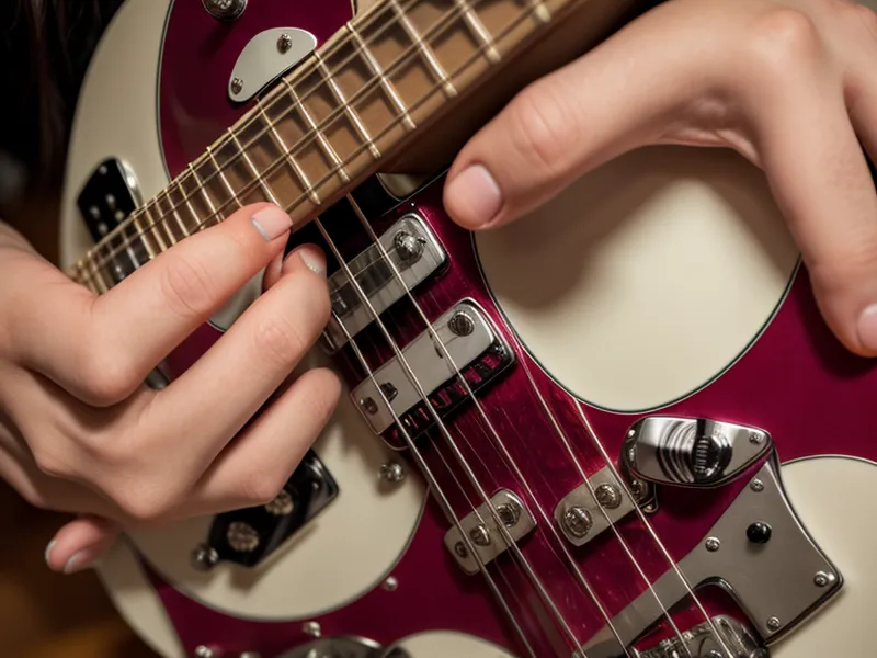Nahaufnahme einer Hand, die einen Powerchord auf den Gitarrensaiten greift.