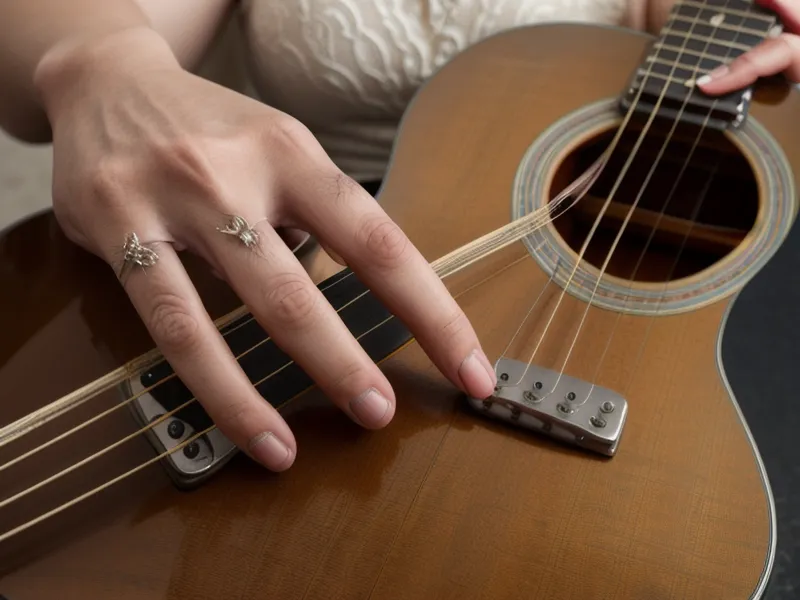 Nahaufnahme der Finger auf den Gitarrensaiten beim Akkordwechsel üben, mit sichtbaren Druckstellen vom Selbstversuch
