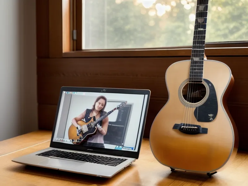 Laptop mit dem Michigit Gitarrenkurs geöffnet, Songs zum Nachspielen für den Akkordwechsel beim Gitarre lernen
